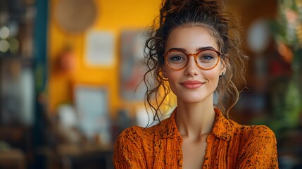 Young Woman with Glasses Smiling in Cozy Coffee Shop Setting