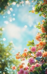 Colorful blossoms and lush foliage to the right, blending with a serene summer sky kissed by sunlight and bokeh.