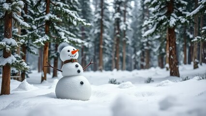 Fototapeta premium Wool felt snowman in a snowy forest with pine trees, snowman, forest