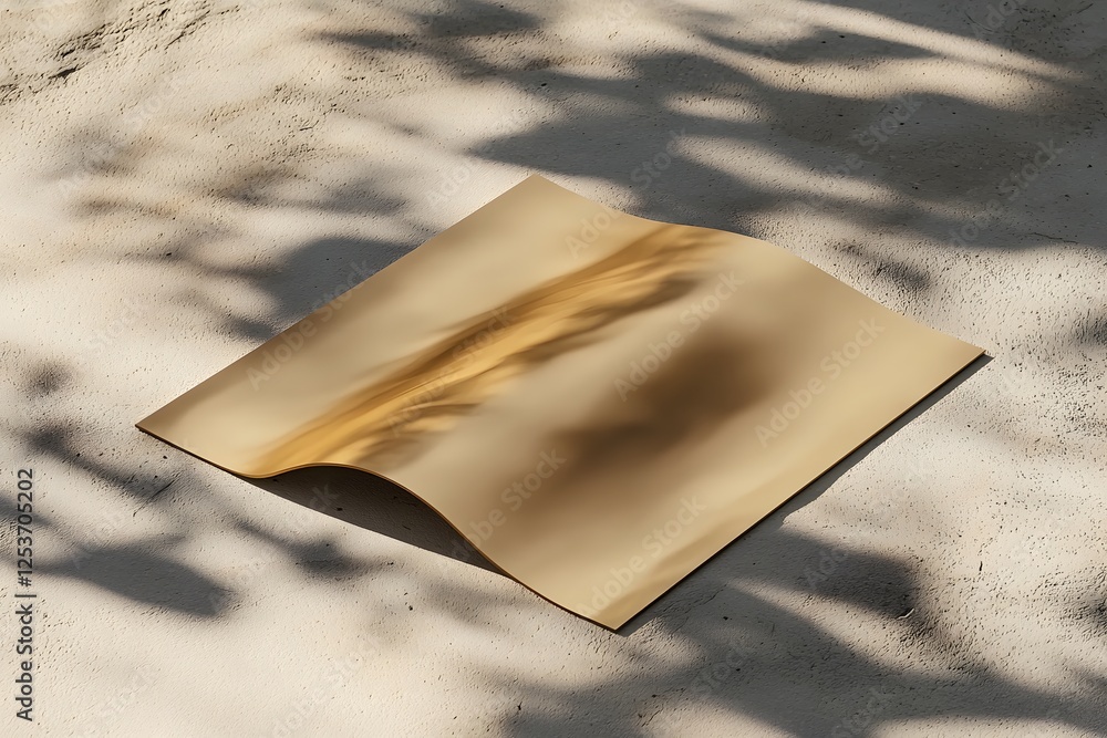 Poster golden curve: abstract metallic sculpture with a curved, flowing form, resting on a sandy surface. l