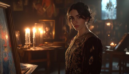 Woman artist in a dimly lit studio with painting