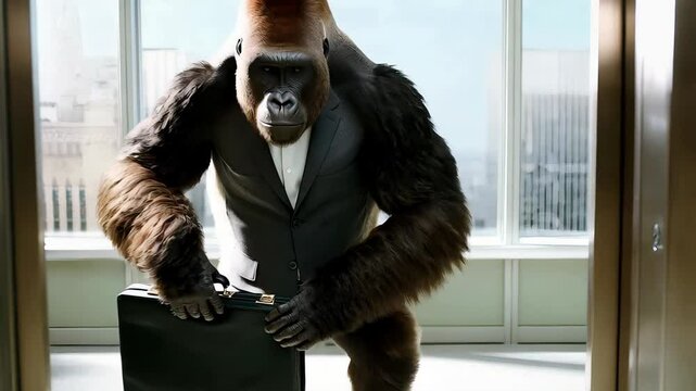Confident smart and intelligent gorilla businessman in a suit and tie exiting an elevator, carrying a briefcase, showcasing a blend of strength and professionalism. D