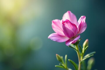 Fototapeta premium A Delicate Pink Blossom Basking in Soft Sunlight, Gracefully Emerging from Lush Green Foliage, a Botanical Masterpiece