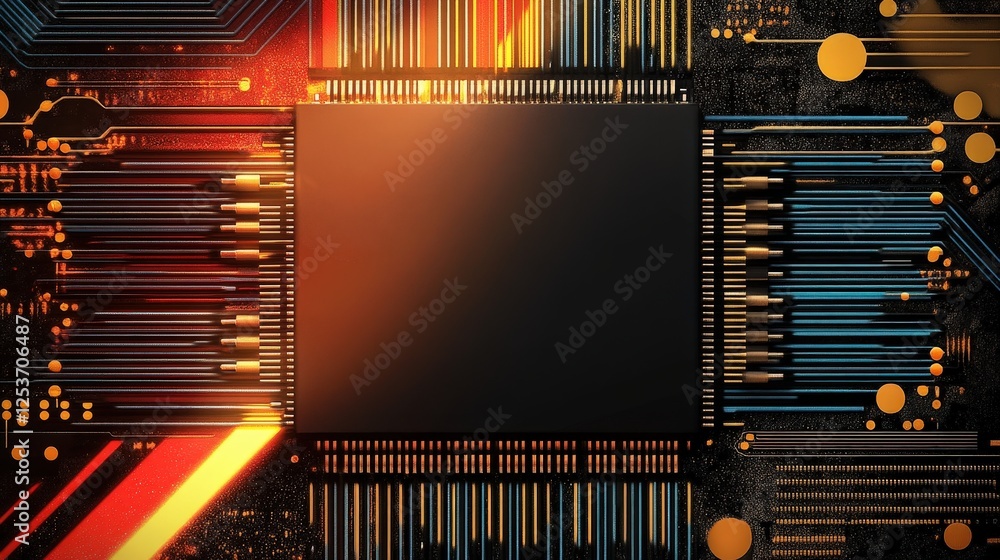 Poster futuristic circuit board design with vibrant colors and dynamic lines