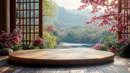 Empty wooden table overlooking scenic blossom garden with mountains