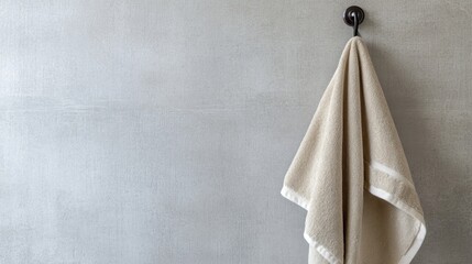A neutral-colored towel hangs from a wall hook set against a minimalist gray backdrop, showcasing a clean and serene aesthetic in a modern interior environment.