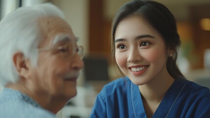 Fototapeta premium Cheerful young nurse engages in heartwarming interaction with elderly patient