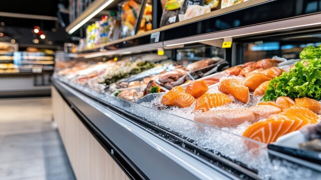 Fresh seafood selection on ice at grocery store