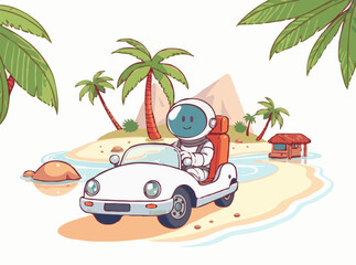 Tropical Island Vacation with Astronaut Driving Car