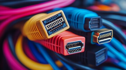 Colorful hdmi cables bundle home office product photography indoor close-up technology accessories for enhanced connectivity