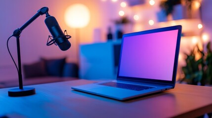 Modern workspace featuring a microphone and laptop with colorful ambient lighting in background