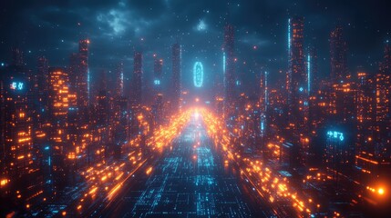 Fototapeta premium Futuristic cityscape with glowing lights and digital elements.