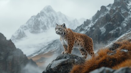 Fototapeta premium A Majestic Lynx Standing Proudly on a Rocky Outcrop Amidst Snow-Capped Mountains and Misty Terrain in Nature's Wonder