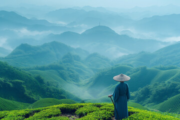 A tea farmer in China stands in the middle of an endless green field with mountains in the background, picking fresh leaves with traditional tools and wearing ancient Hanfu clothing.