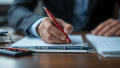 Fototapeta premium Hand Man holding a Red pen on a business table