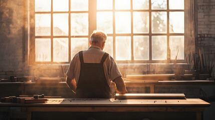 Senior Carpenter Working in Sunlit Workshop with High Windows