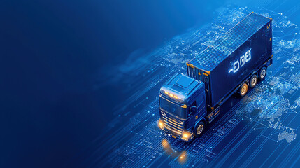 futuristic truck drives on digital map, symbolizing advanced logistics and data integration. glowing elements highlight connection between technology and transportation