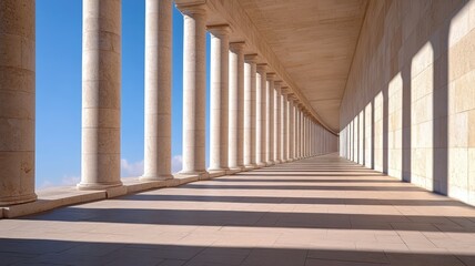 Fototapeta premium Sunlit colonnade with endless symmetry, classical architecture concept
