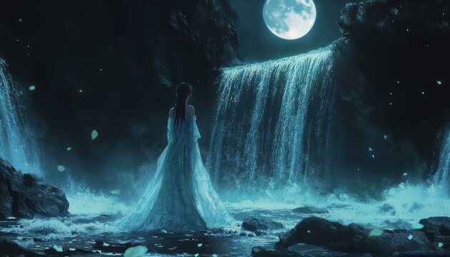 Woman in white dress stands before luminous waterfall at night
