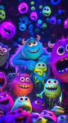 Colorful monster characters in vibrant animation scene, possible use for children's product