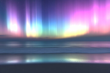 Coastal aurora. Sea reflects glowing lights. Atmospheric skies with stars. Backdrop for spiritual or science content