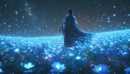 Woman stands in a field of blue luminous flowers