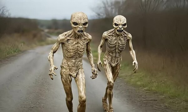 Mysterious creatures walk along a deserted road in an eerie rural setting during twilight hours