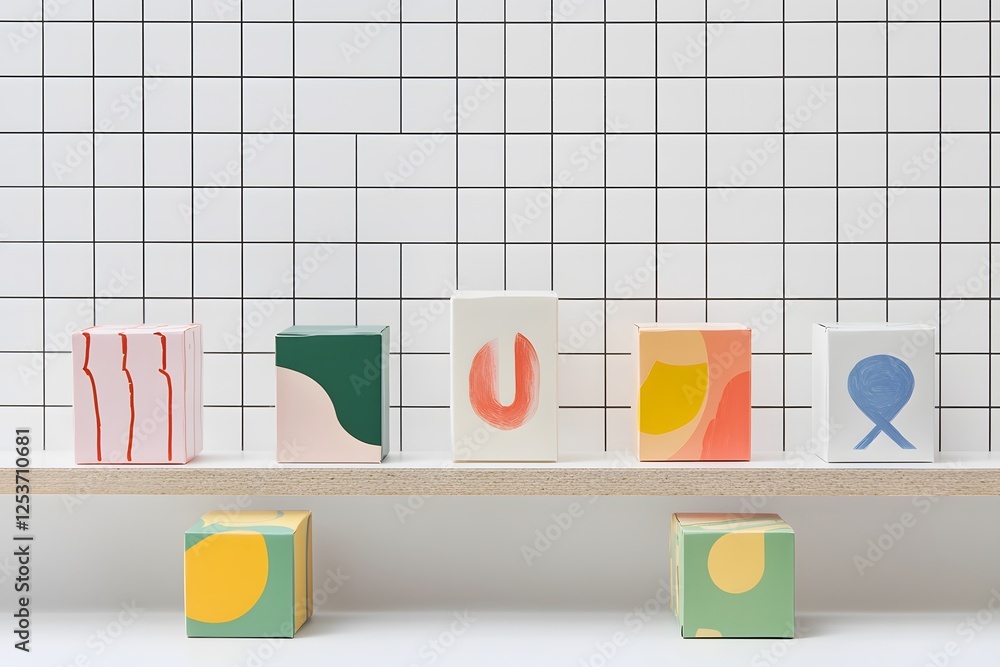 Poster abstract geometric cubes on shelf: a collection of colorful, geometrically patterned cubes arranged 