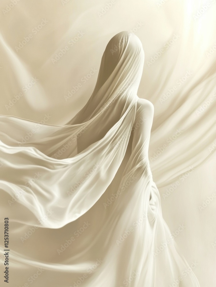 Poster Elegant flowing silk fabrics in soft lighting create a serene atmosphere for artistic expression in a neutral setting. Generative AI