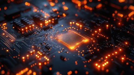 Fototapeta premium A close-up view of a glowing microchip on a circuit board, showcasing technology and innovation.