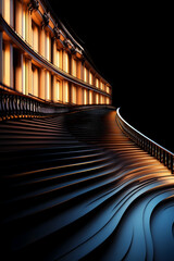 Obraz premium Elegant colonnade and staircase. Architecture for prestige, power, and classical design. Dark background and golden lighting