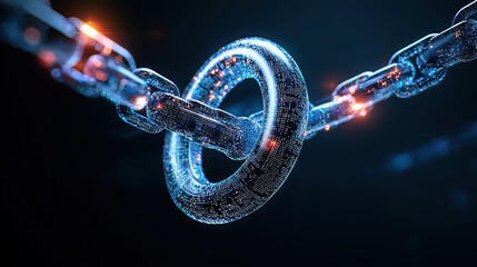glowing digital chain link represents blockchain technology, symbolizing security and connectivity in futuristic style. image highlights intricate details of data flow and network integration