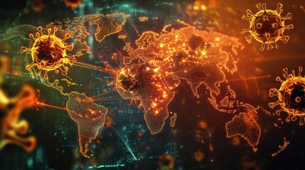 Glowing virus particles attacking a digital world map, futuristic holographic display, cybersecurity breach warning, high-tech background, isolated with copy space for global threat representation.