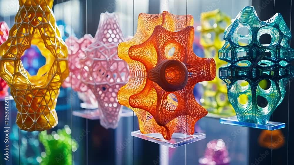 Poster colorful plastic models created using additive manufacturing are suspended, showcasing the intricate