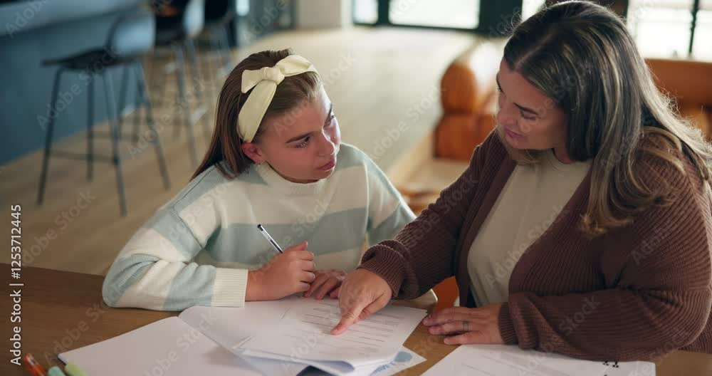 Poster home, mother and helping girl with project for learning support, language quiz lesson and growth dev