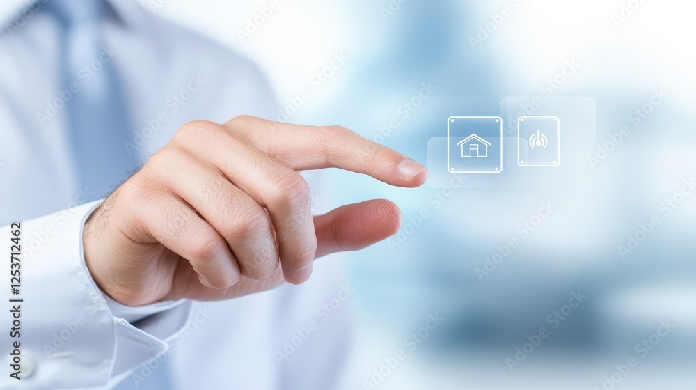 Poster man activating system, whiteshirted individual points and presses a round button, engaging technolog