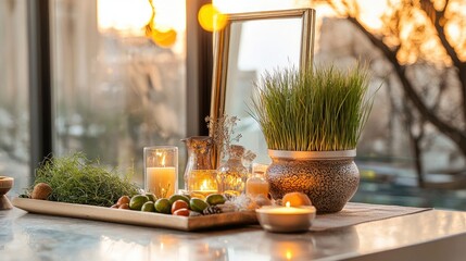 Nowruz Haft-Sin table display with wheatgrass