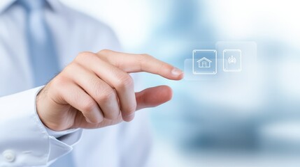 Man activating system, whiteshirted individual points and presses a round button, engaging technology interface.