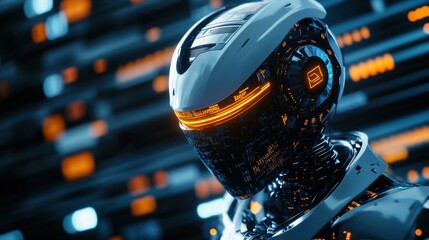 Creative glowing circuit head on binary code background. Artificial intelligence and robot concept. 3D Rendering.