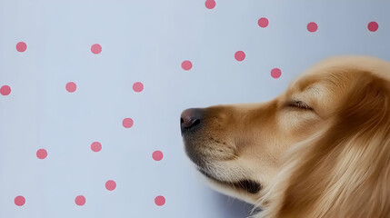 Golden retriever enjoying a nap against a polka dot backdrop. Suitable for pet product ads, blogs about dogs, or calming content