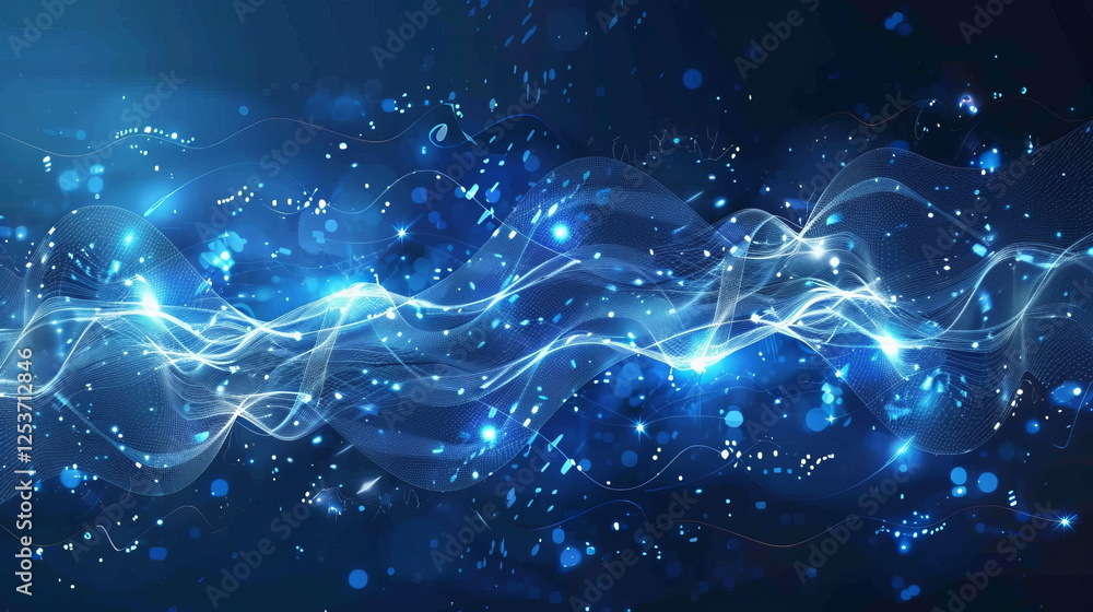 Aufkleber a dynamic blue light waves background with glowing particles, ideal for digital concepts and technol