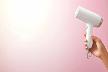 Hair dryer in hand, on pink. Home beauty routine, getting ready. Advertisement for beauty products, hairdryer marketing