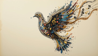 Fototapeta premium Artistic illustration of a colorful bird made of musical elements and patterns in a vibrant and creative design