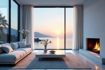 Fototapeta premium Serene coastal living room with sunset view, featuring a modern fireplace and elegant furnishings