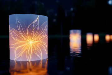 Lit candles with floral design on a pond at dusk for outdoor decoration, celebrations, meditation, or events against a forest backdrop