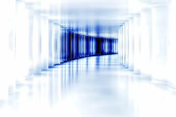 Long, empty tunnel in light, blue tones. For websites, virtual backgrounds, futuristic, technology, science, and modern interior design