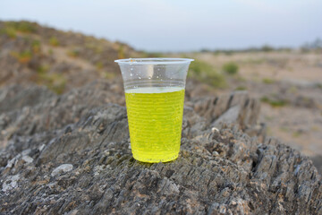 Glasses of water, orange juice, and beer with refreshing beverages and fruits