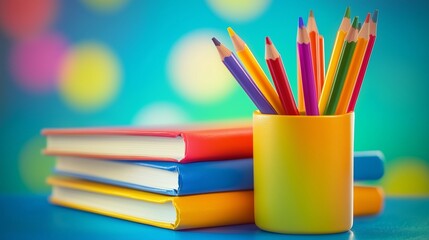Fototapeta premium A vibrant close-up of colorful pencils in a yellow holder, placed next to three brightly colored books (red, blue, yellow), set against a soft blurred background with bokeh lights