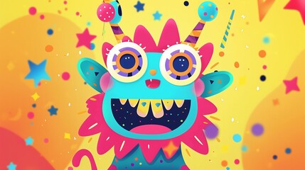 Monster celebrating a party with colorful confetti and stars