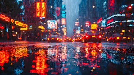 Obraz premium Vibrant neon lit urban street scene at dusk with reflections of colorful lights on the wet asphalt Blurred cityscape with dynamic moody atmosphere